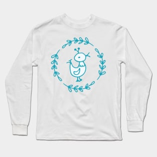 Chicken in the garden in baby yellow and teal Long Sleeve T-Shirt